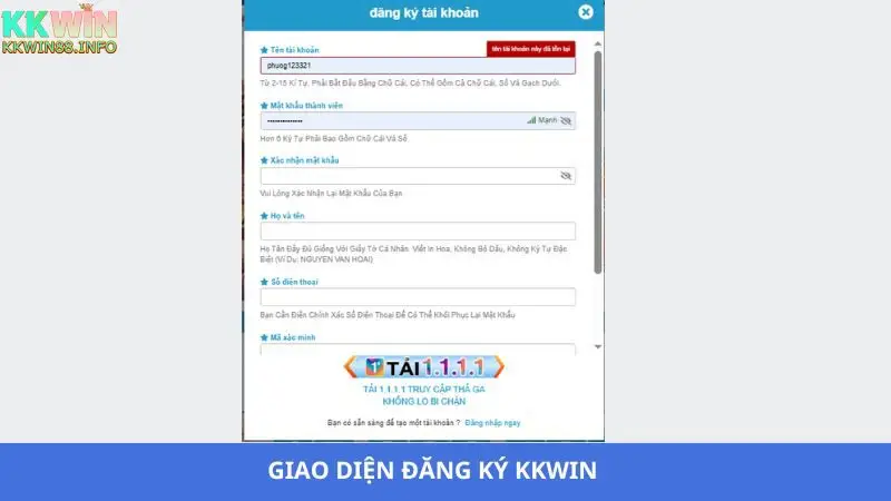 Giao diện khi mở tab đăng ký KKwin